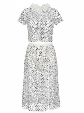 For Love & Lemons Sz S Set Cream Sheer Silver Sequin Two-Piece Midi Skirt Top。